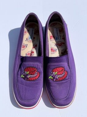 Grasshopper size 6Purple Slip-On Loafers with Embroidered Strawberry Hat Detail